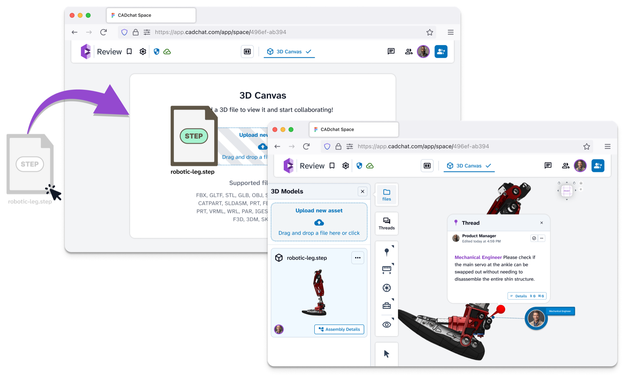 CADchat 3D canvas with live participants reviewing a model