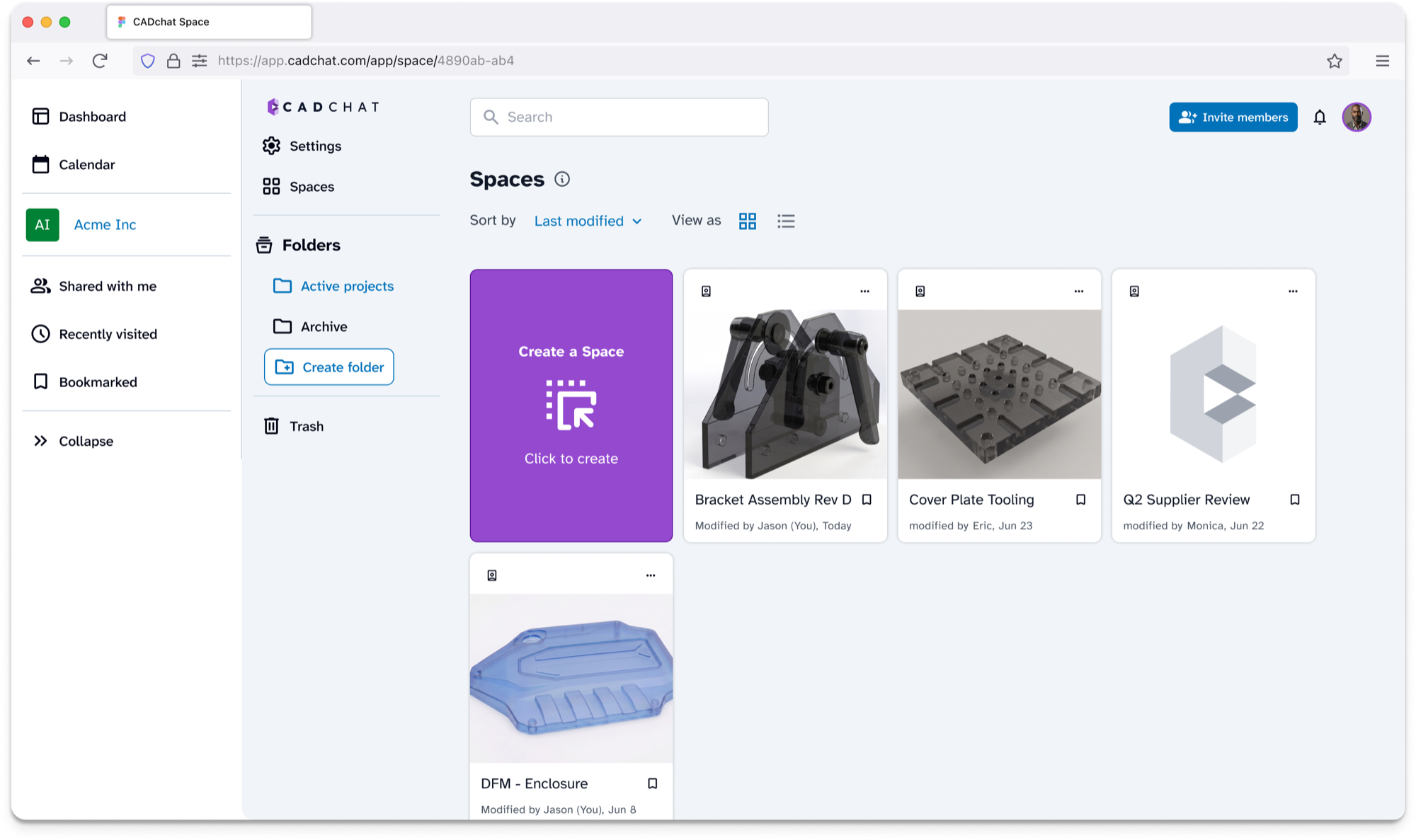 CADchat dashboard showing Spaces and recent activity