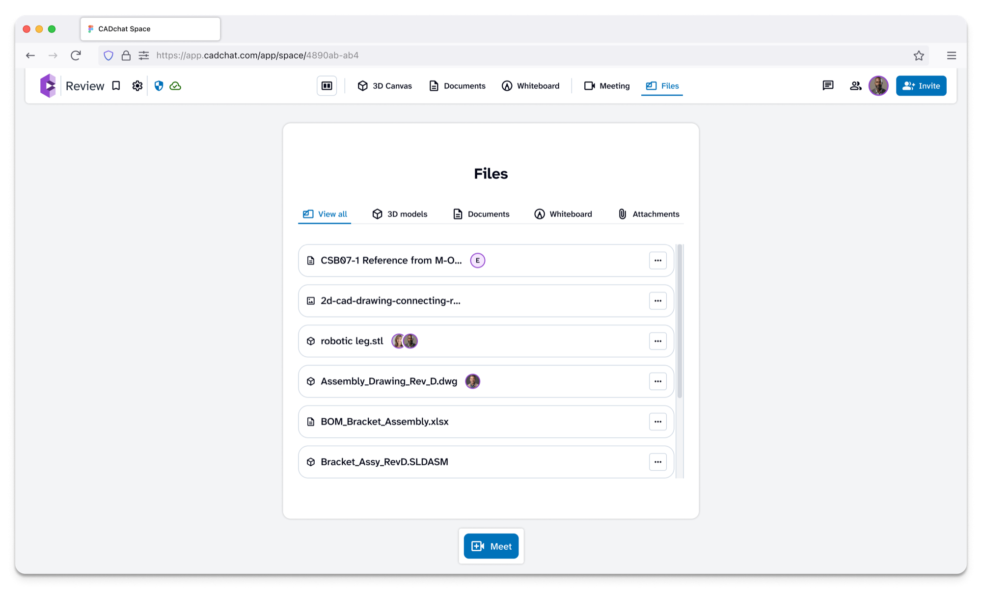 Organized CAD files and versions in a CADchat Space