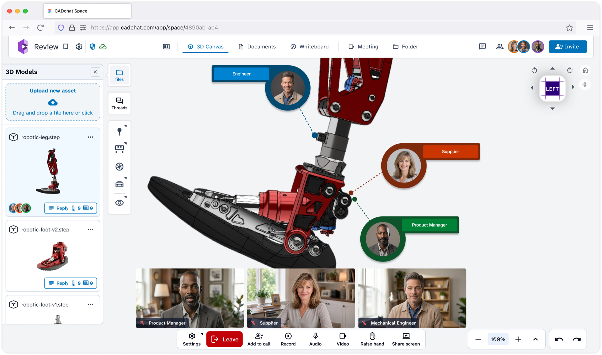 CADchat workspace with 3D canvas, documents, whiteboard, meeting, and folder tabs