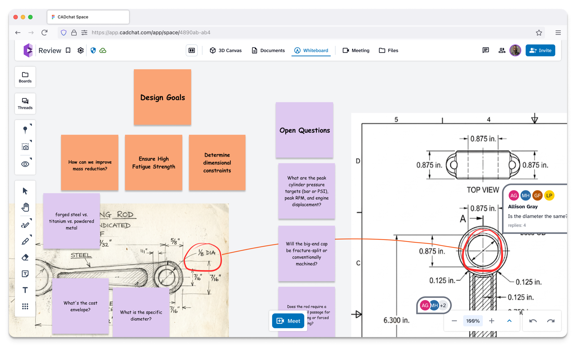 CADchat whiteboard for sketching alongside the 3D model