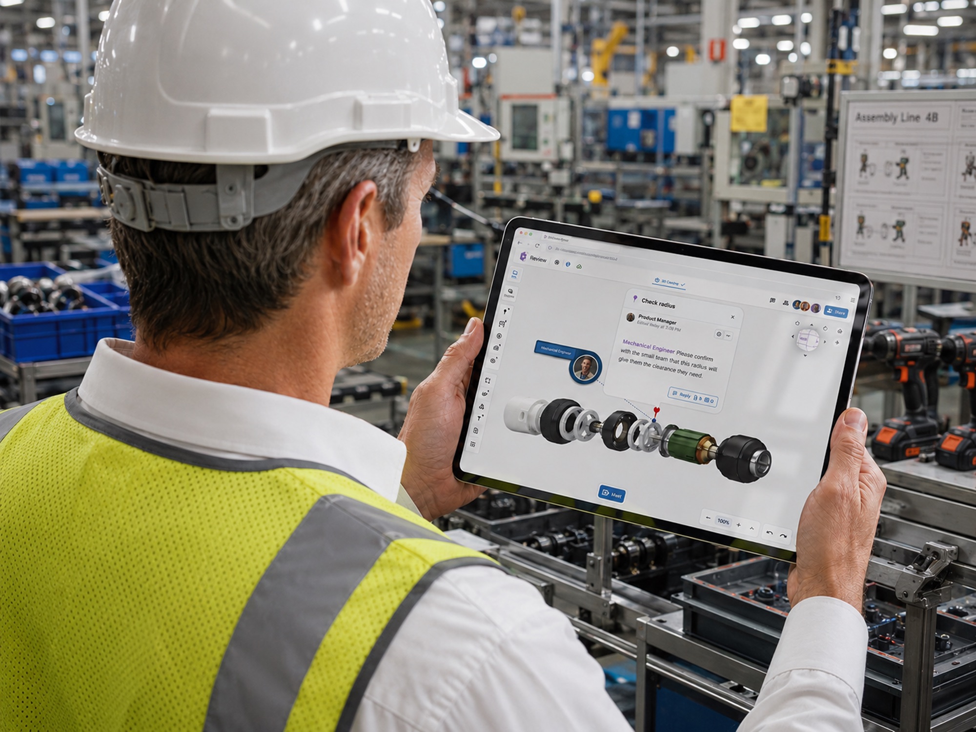 Field technician reviewing a 3D model on a tablet on the factory floor
