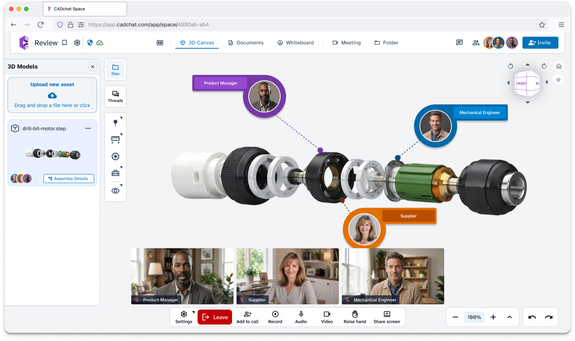 Reviewing a 3D exploded assembly with the whole team in CADchat
